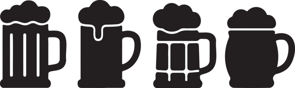 beer mug silhouette collection frothy beverage pub drink glass icons isolated black vector illustration
