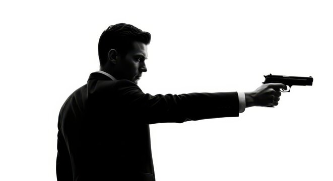 Silhouette of a Secret Agent or Spy in a Suit Aiming a Handgun on White Background - Action and Thriller Concept