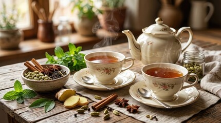 Fototapeta premium A vintage teacup set steams gently on a rustic wooden table. A delicate floral pattern adorns the cups and saucers.