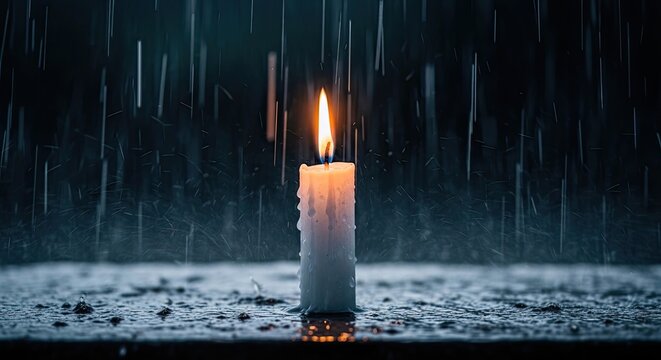 A single candle burns brightly amidst a heavy rainstorm. The candle&rsquo;s flame illuminates the wet ground, creating a warm glow against the dark, rainy backdrop.