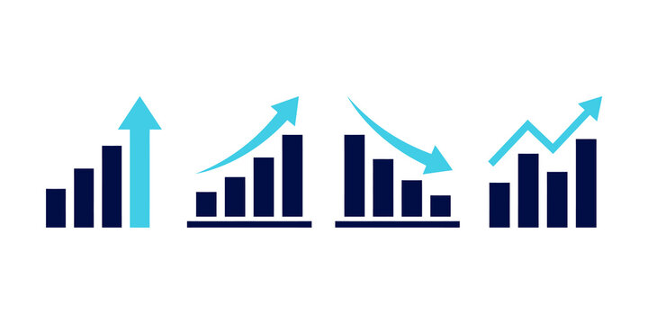 Business analytics growth and performance chart icons with upward and downward trend graphs isolated on transparent background