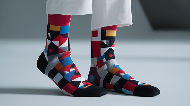 A pair of colorful socks with geometric patterns on a white background.