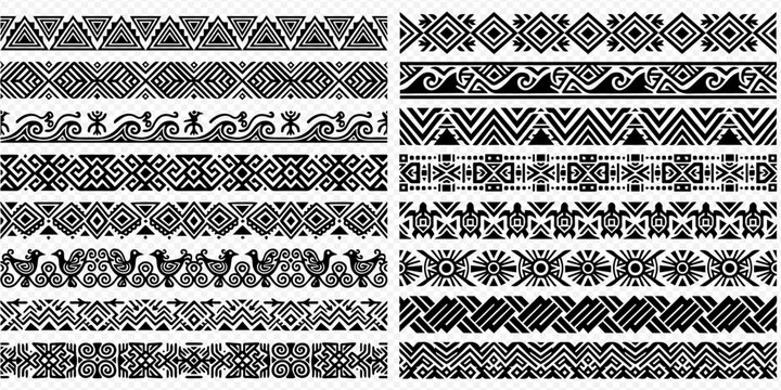 Set of diverse seamless decorative borders with traditional ethnic patterns, black and white vector illustration.