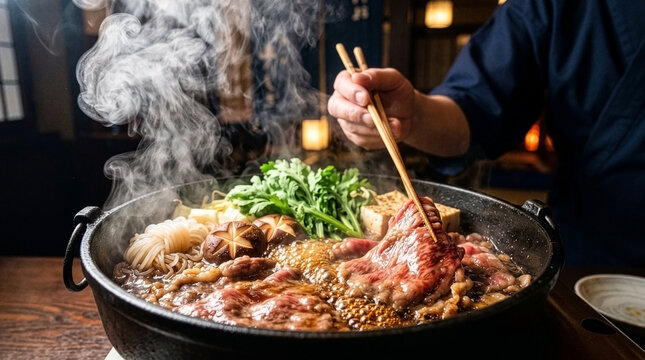 Sizzling Premium Wagyu Beef Sukiyaki Hot Pot Grilling in Traditional Japanese Cast Iron Nabe with Rich Sauce and Heavy Steam