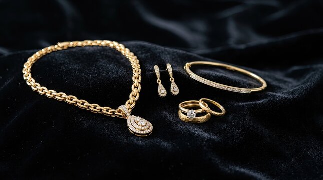 A luxurious set of gold jewelry rests on a dark velvet cloth. A gold chain necklace with a diamond pendant, gold hoop earrings, a gold bangle bracelet, and two gold rings are displayed.