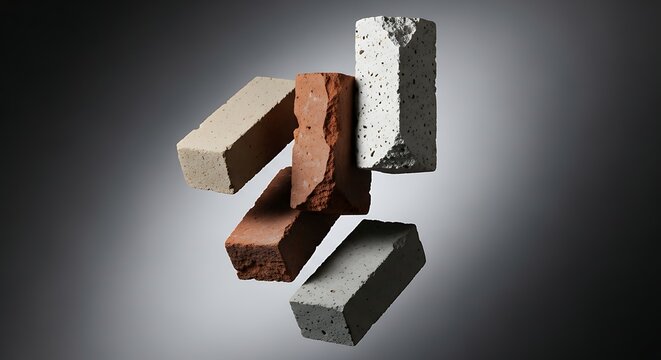 Floating bricks of various colors and textures against a dark gray background