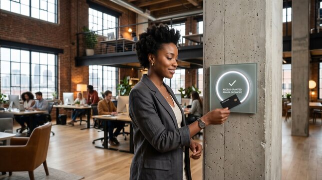 Modern creative agency office demonstrating wireless smart card access reader operation for physical building security