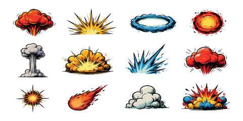 Set of colorful comic book explosion and blast effect icons for design and motion graphics © vintage style