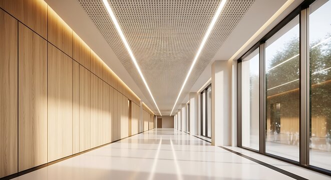 Modern office corridor interior with wooden paneling and bright linear lighting design