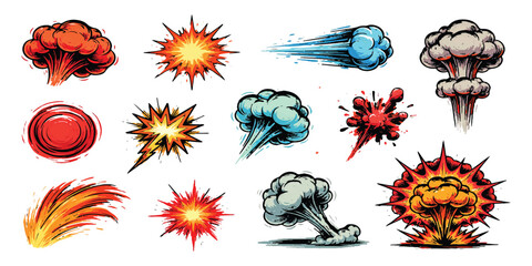 Set of colorful comic book explosion and smoke cloud elements for action design © vintage style