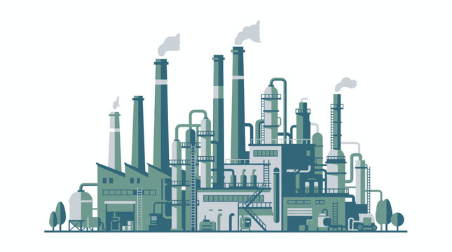 Industrial factory complex with smokestacks emitting smoke, modern illustration
