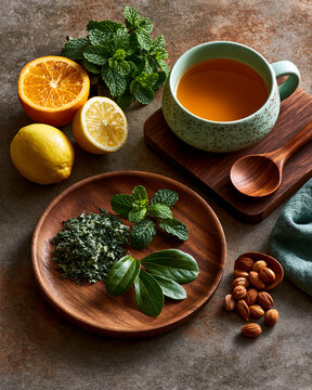Carqueja and boldo flat lay with herbal teas and fruit showcasing Brazilian medicinal herb wellness healthy aging and home vitality