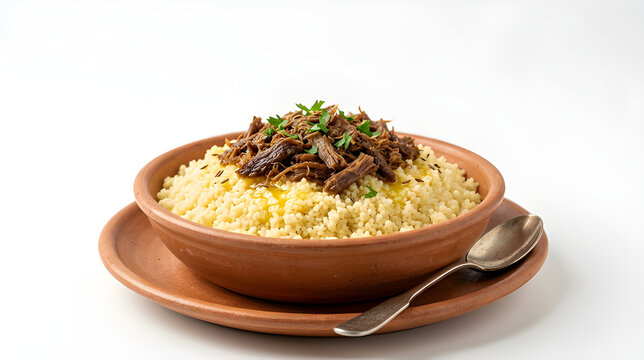 Brazilian Corn Couscous with Shredded Jerked Beef in Clay Bowl Isolated on White