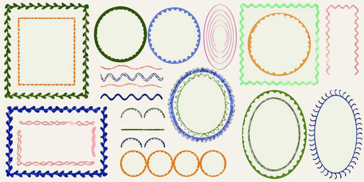 organic hand drawn borders in sketchy style frames shapes lines curves rectangles circles ovals zigzag dotted dashed vector illustration pattern decorative