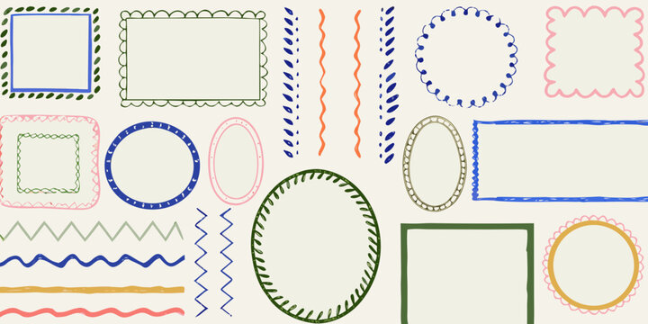 sketchy organic hand drawn borders on beige background hand drawn frames lines shapes rectangles circles ovals zigzag dotted dashed vector illustration pattern