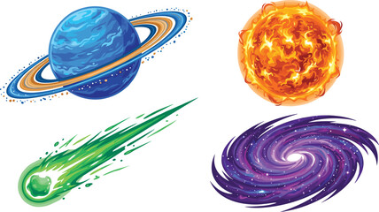 Outer Space Cosmic Vector Element Set with Ringed Planet Blazing Sun Fiery Comet and Spiral Galaxy Vortex for Astronomy Education and Science Fiction Graphic Designs © MdBelal