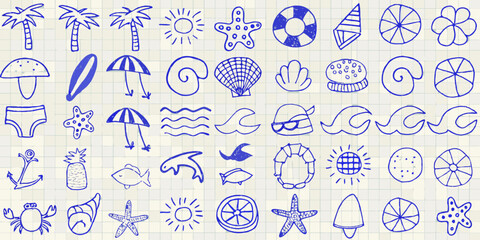 hand drawn beach icons on graph paper background sketch monochromatic palm tree sun starfish crab umbrella surfboard shell fish dolphin anchor © Shamal