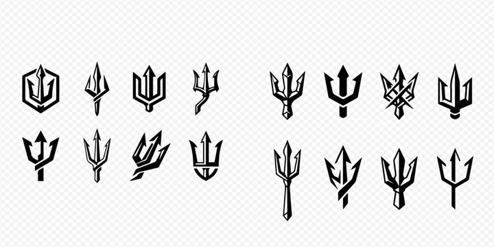 Collection of various trident symbols and logos, representing power, mythology, and maritime themes in different styles.