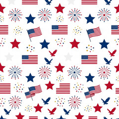 Obraz premium Seamless American patriotic pattern with flags, stars, eagles, and fireworks on white background