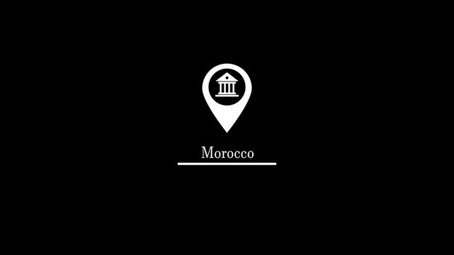 A beautiful location icon animation and location of the country is Morocco on transparent black screen.Abstract location pin appearing.Country GPS location tracking icon.Location icon animation.