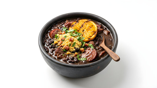 Traditional Brazilian Feijoada Black Bean Stew in Clay Bowl Isolated on White