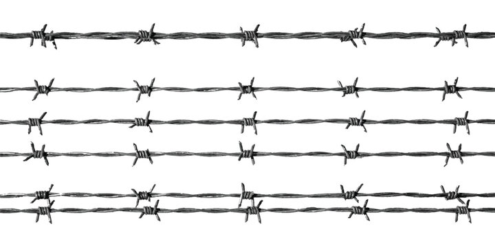 Five parallel rows of sharp metal barbed wire for security and boundary protection
