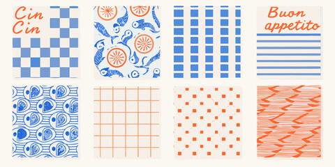 menu cards collection with playful patterns and text designs cin buon appetito checkerboard octopus grid stripes dots arrows blue orange white © Shamal