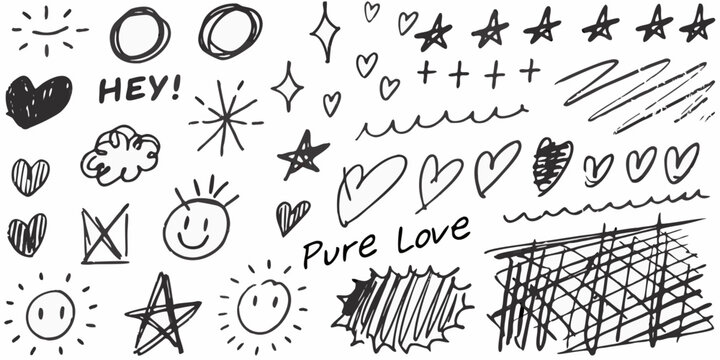 playful black marker doodles collection with various shapes on white background scribbles hearts stars smiley faces clouds sun lines scribble art