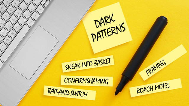 Dark Patterns in User Interface Design Concept, Sneak into Basket, Roach Motel, Confirmshaming, Bait and Switch, Framing, Manipulative UX, Consumer Deception and Online Privacy Risks