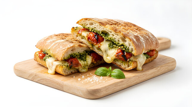 Toasted Ciabatta Panini Sandwich with Melted Cheese Pesto and Tomatoes Isolated on White