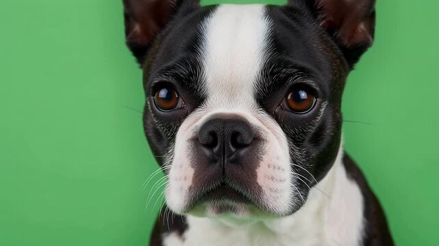 Solid green screen close-up shot of Boston Terrier&rsquo;s face, slow blinking, soft even facial lighting without shadows, editable keyable commercial pet video for background compositing post-production