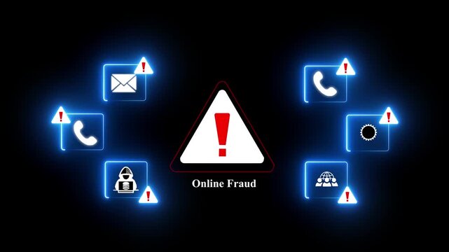 Glowing Neon Icons Representing Online Fraud Threats on Dark Background cyber security internet crime