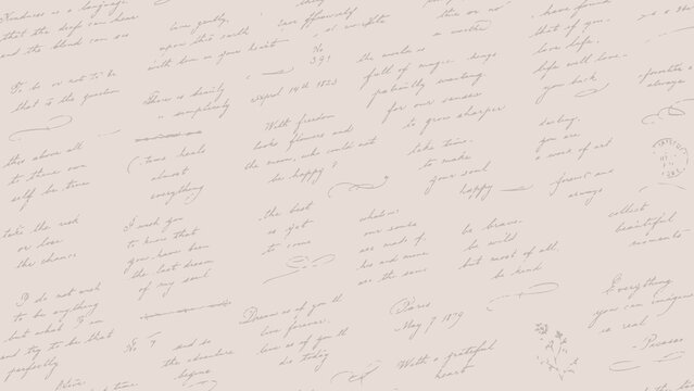  beige pattern of abstract illegible handwritten text. Vintage grunge bad calligraphy script, old book document. Vector illustration of monochrome unreadable handwriting cursive poetry
