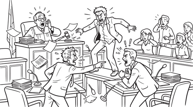 Heated courtroom argument with angry lawyers and shocked judge
