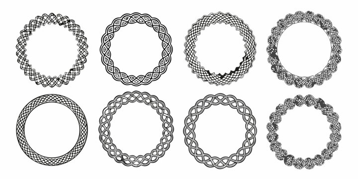 celtic knot circular frames in black and white line art on white background circles rings ornamental pattern design interlace braided geometric