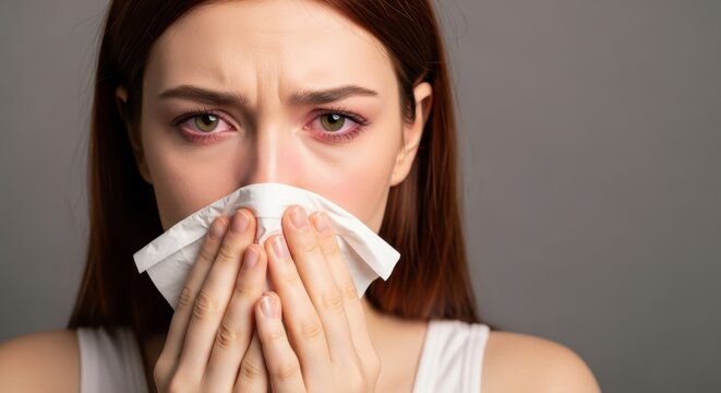 Young Woman with Red Irritated Eyes and Runny Nose Holding Tissue Suffering from Seasonal Allergy or Cold