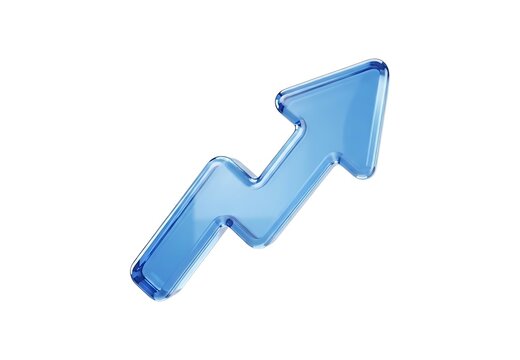 Shiny blue glass arrow moving upward showing financial growth and success isolated on white background