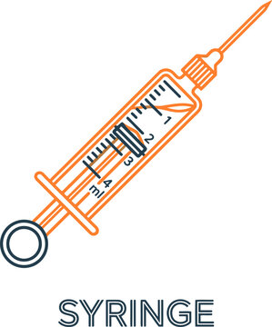 Medical syringe vector icon, orange and black line art hypodermic needle, healthcare injection symbol for vaccination and clinical treatment Editable Text Effect.