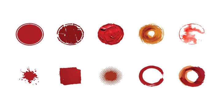 Set of ten abstract red shapes circles and geometric design elements for graphic projects