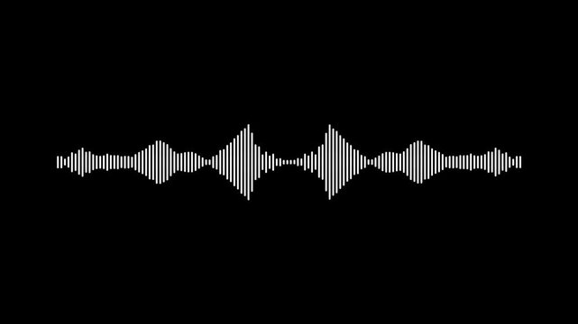 White line audio waveform on black background, digital sound spectrum animation, high frequency visualization, podcast audio frequency signal meter, music equalizer rhythm bars overlay effect,4k