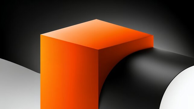Abstract 3D geometric composition featuring a vibrant orange cube resting on a glossy curved black surface with dark background style
