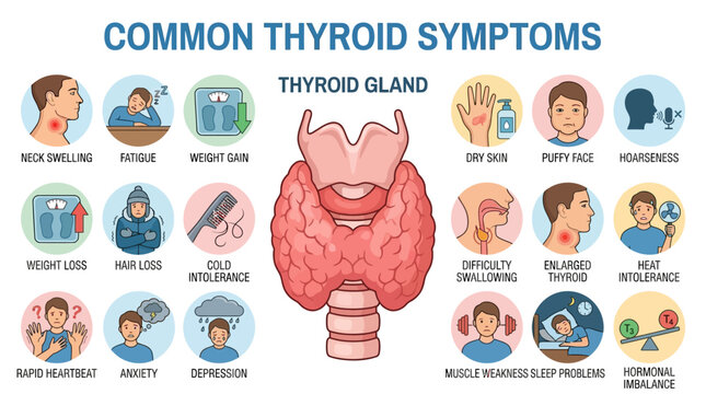 Thyroid Gland Infographic Showing Common Symptoms.