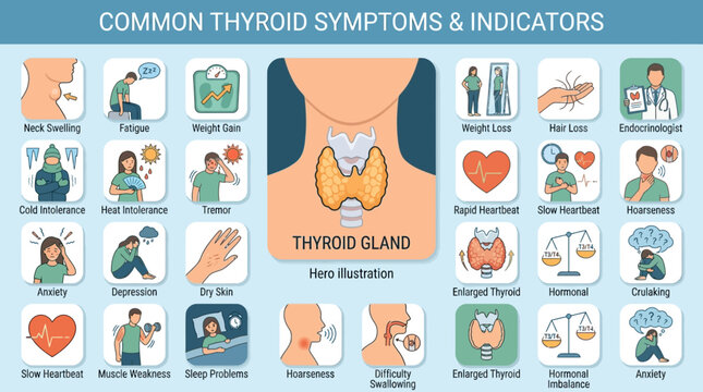 Thyroid Gland Anatomy And Common Symptoms Diagram.