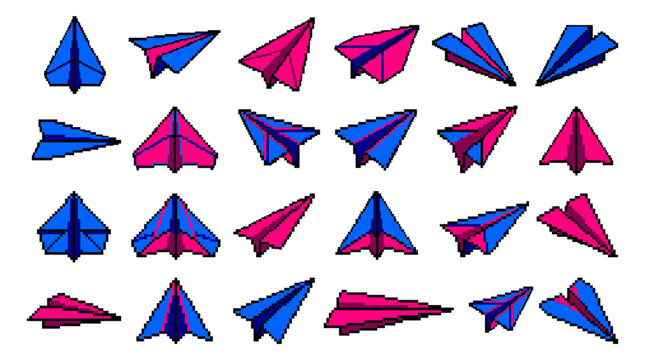 Colorful pixel art set featuring multiple paper airplane vector designs in various orientations isolated on a clean white background