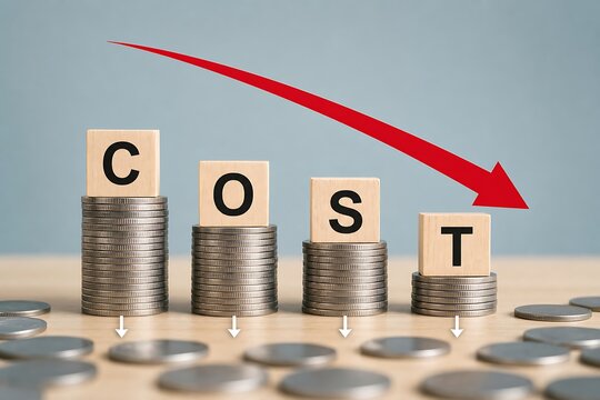 Cost reduction concept with wooden blocks on coin stacks and a downward red arrow