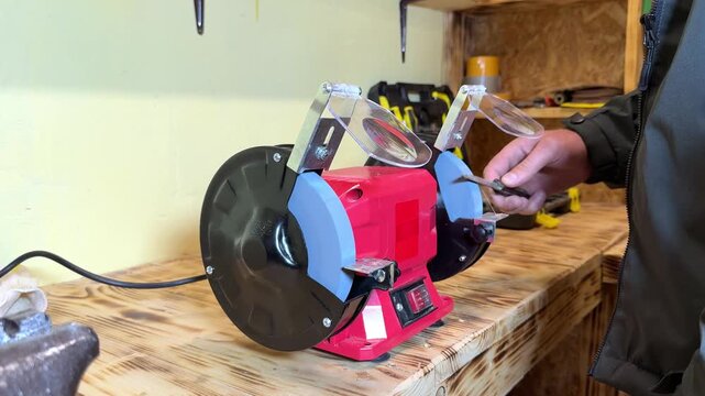Individual sharpening a tool using a bench grinder with protective shields in a workshop setting, surrounded by various tools and equipment on a wooden workbench