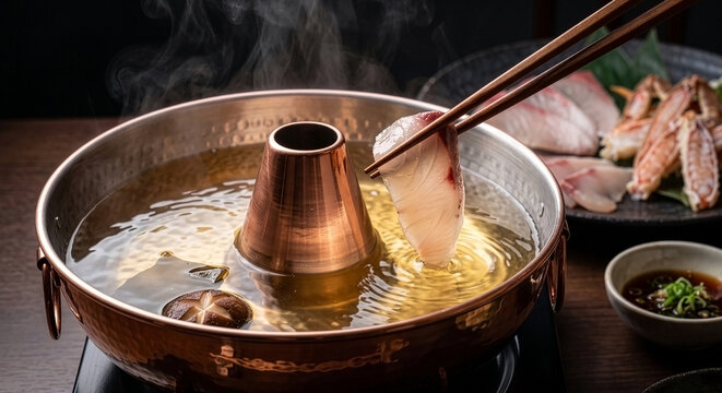 Elegant Modern Japanese Seafood Shabu-Shabu Dipping in Clear Golden Dashi Broth with Sleek Copper Pot