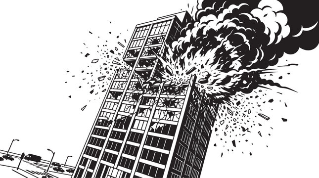 Massive explosion destroying a city skyscraper with debris and smoke