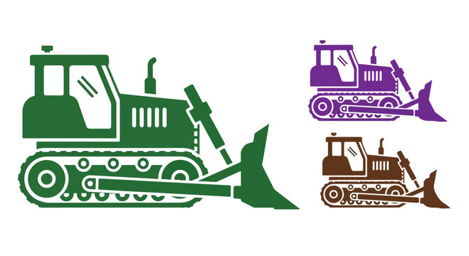 Bulldozer Icons Set: A collection of stylized bulldozer icons in green, purple, and brown, showcasing construction and heavy machinery in a clean, graphic design.