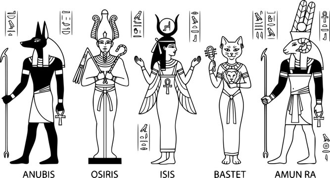 Ancient egyptian gods. Egyptian culture gods, Anubis, Osiris, Isis, Bastet and Amun Ra. Historical egyptian culture characters vector illustration set. Old painting style, religious elements